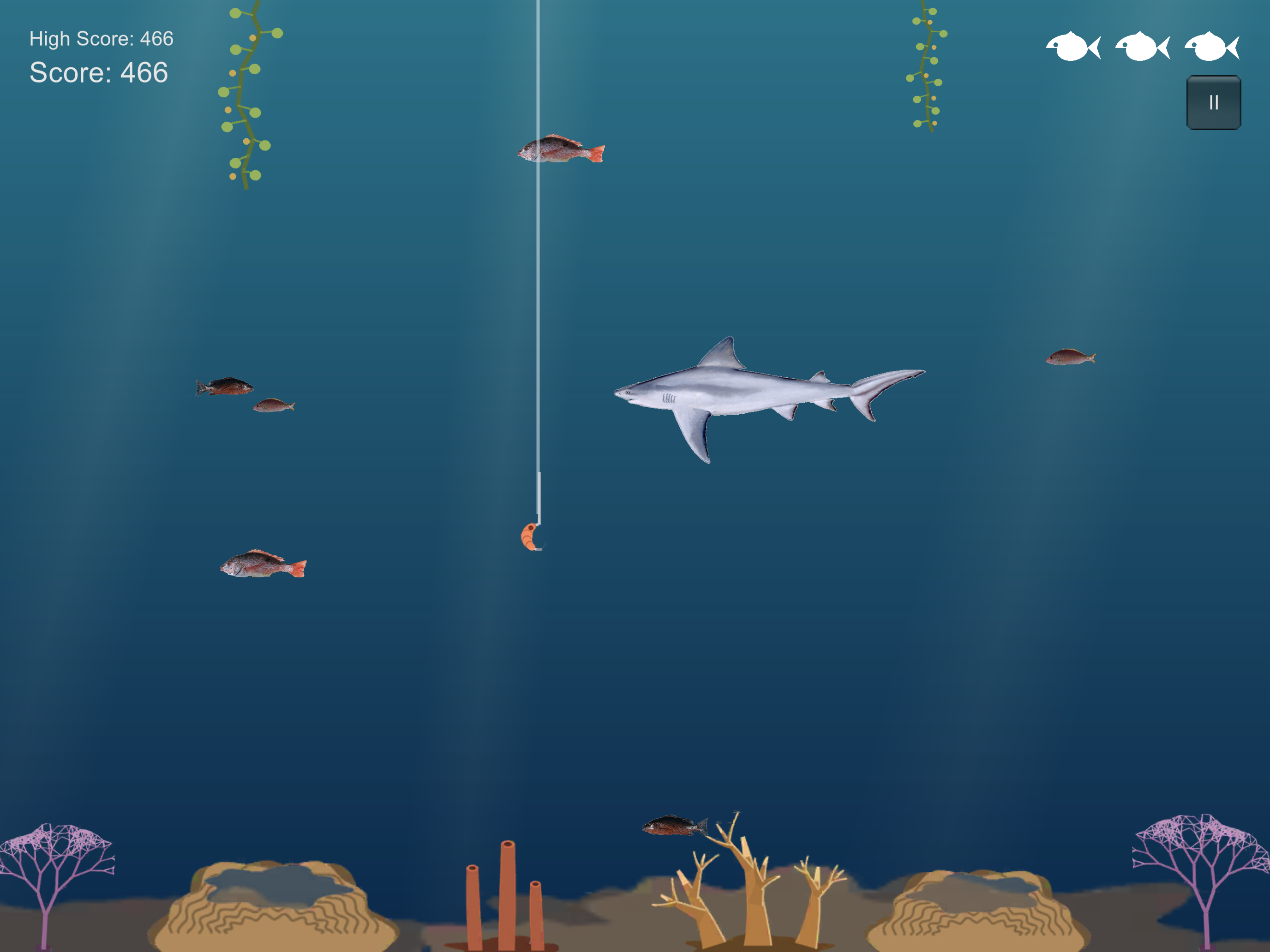 Florida Fish Life gameplay showing a bull shark and a baited fishing hook