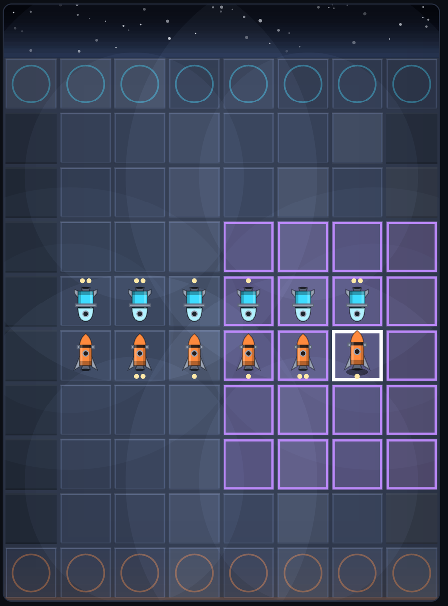 The Rocket Race board mid-match: Space Cross's orange rockets face Blue Beginnings' blue ones across the middle of the Range, with a Reentry Strike being aimed